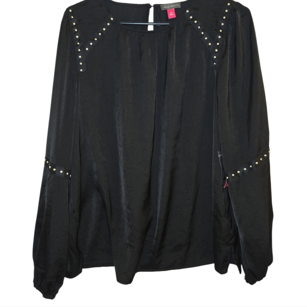 Vince Camuto Black Studded Embellished Blouse Long Sleeve Silver Detail  Sz:Med - Picture 4 of 12